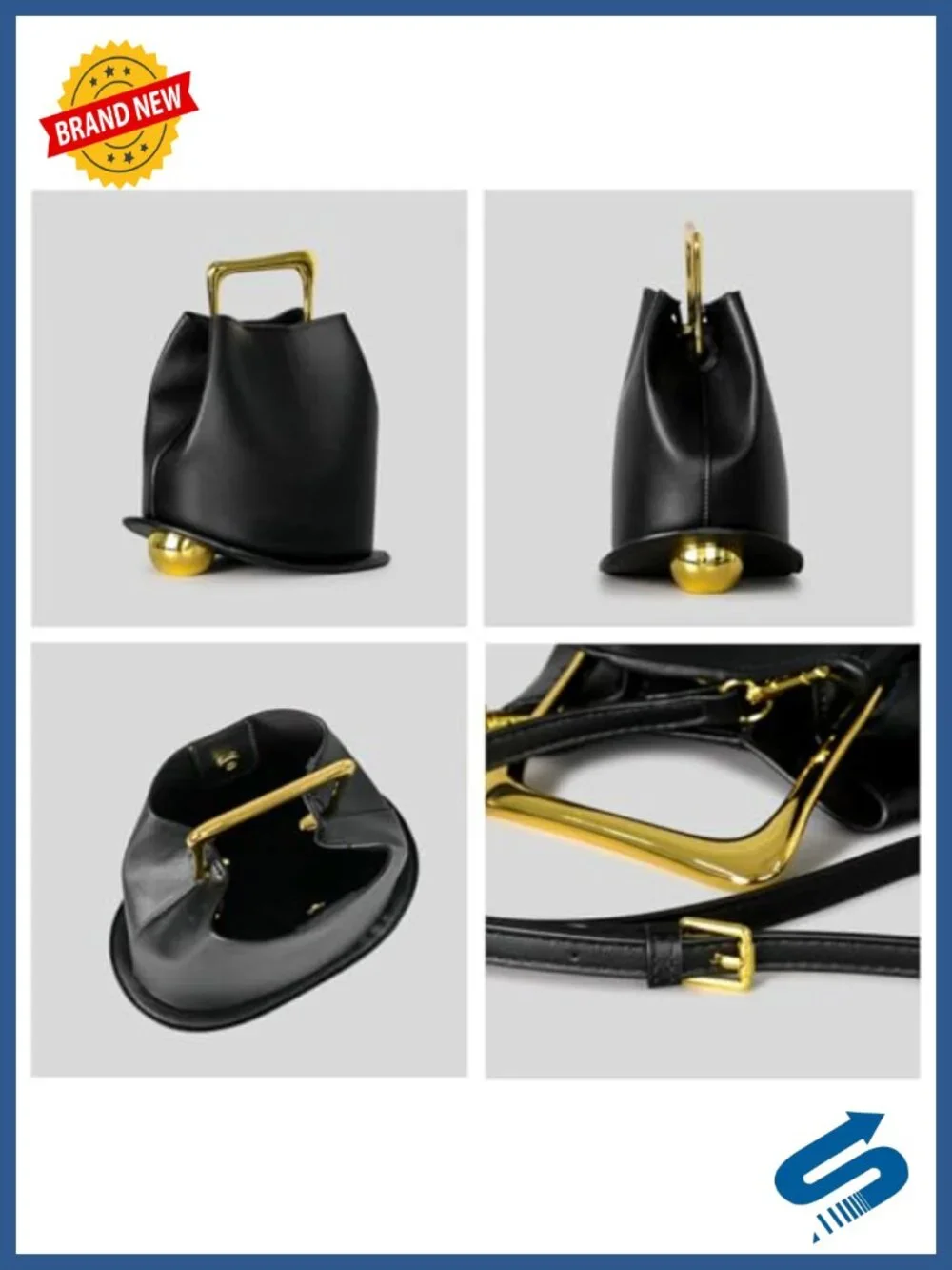 Faux Leather Bucket Bag Crossbody Purse Gold Metal Handle